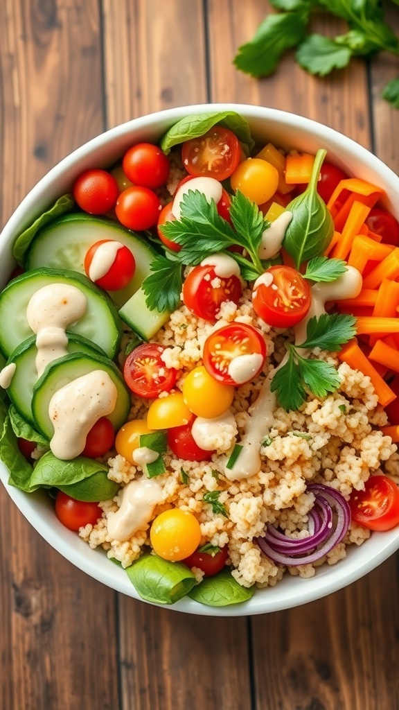 Quinoa Bowl with Tahini Dressing Recipe A colorful quinoa bowl with vegetables and tahini dressing on a rustic table.